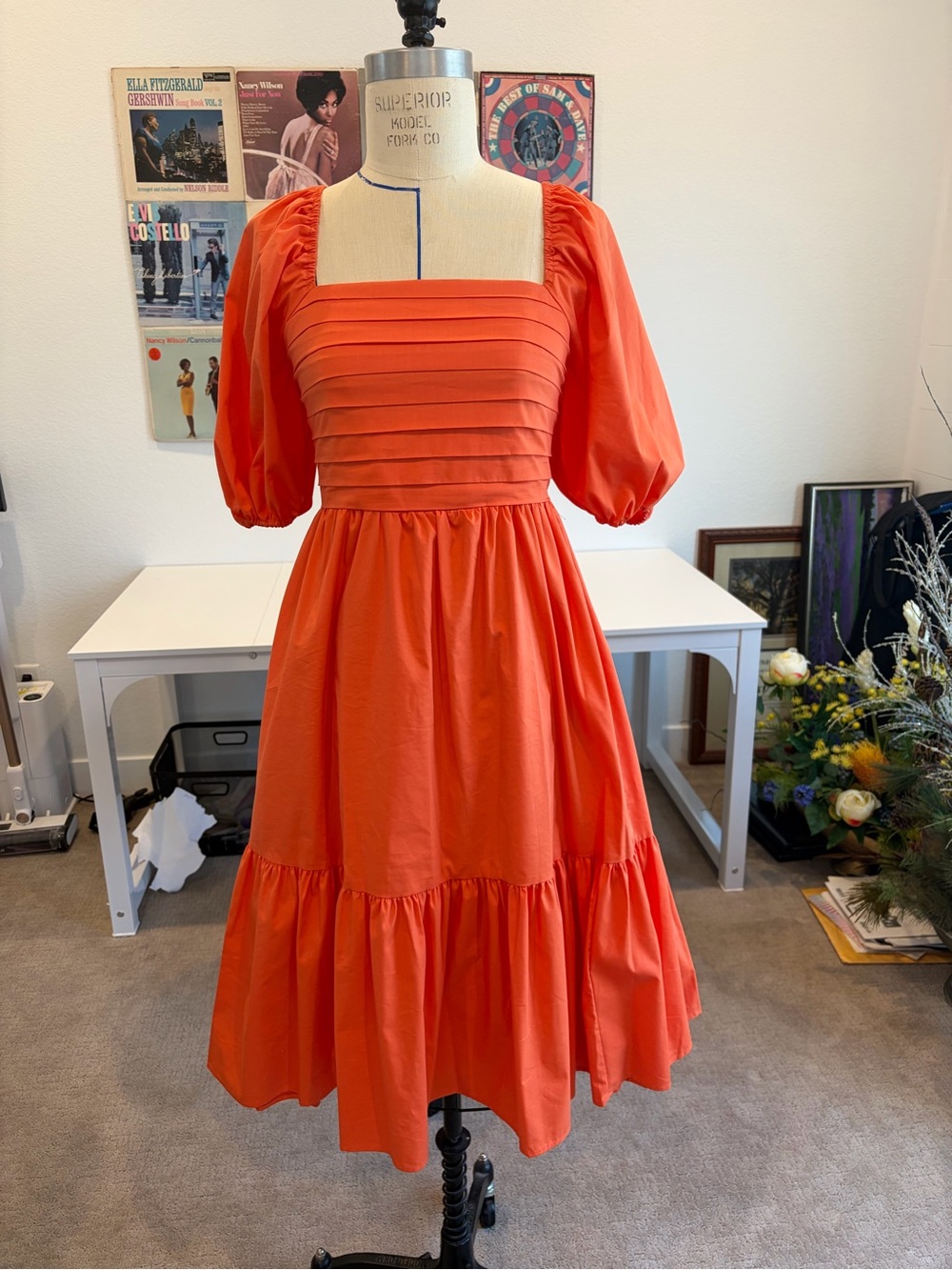 Nanette by Nanette Lepore Orange Square-Neck Midi Dress with Puff Sleeves